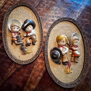 Vintage Western-Themed 3D Wall Plaques With Cowboy & Cowgirl Scenes
